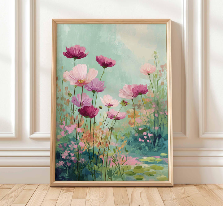 Modern Abstract Flower Print, Pastel Pink & Aqua Blue Floral Meadow, Impressionist Spring Summer Wall Art, Colourful Cottagecore Gift