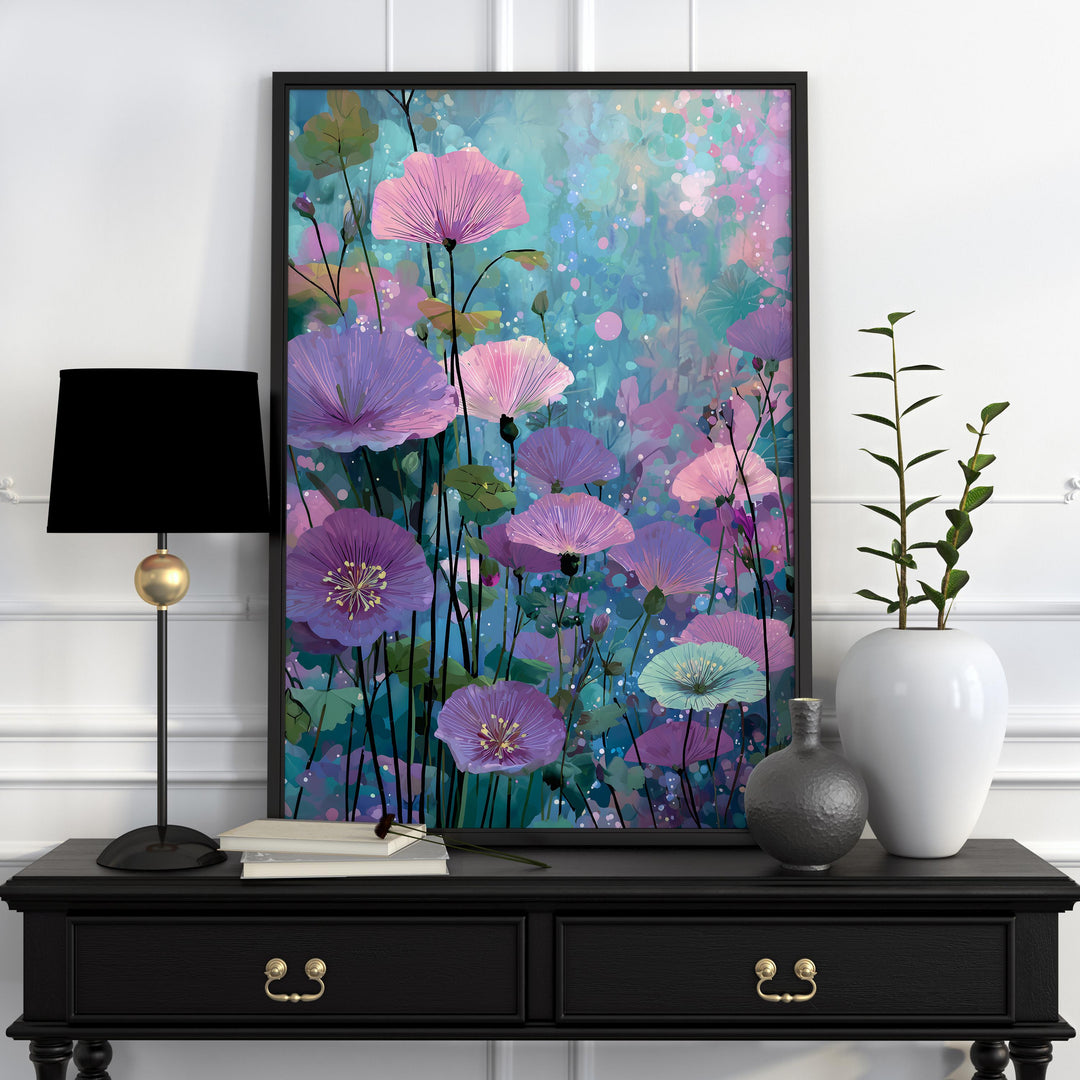 Modern Abstract Purple Flower Print, Purple Pink & Aqua Blue Floral Meadow, Impressionist Spring Summer Wall Art, Colourful Cottagecore Gift