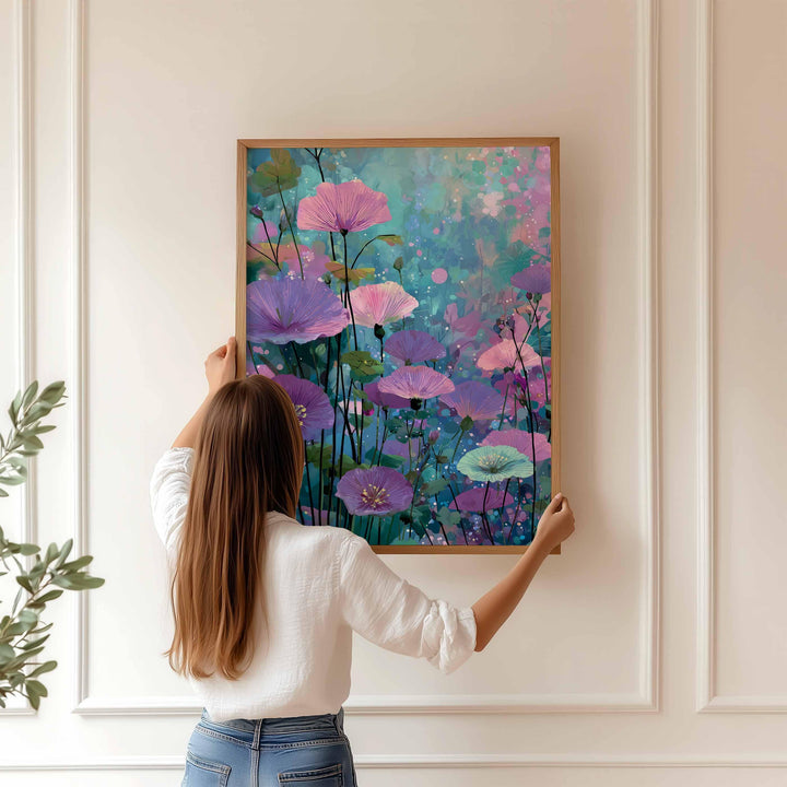Modern Abstract Purple Flower Print, Purple Pink & Aqua Blue Floral Meadow, Impressionist Spring Summer Wall Art, Colourful Cottagecore Gift