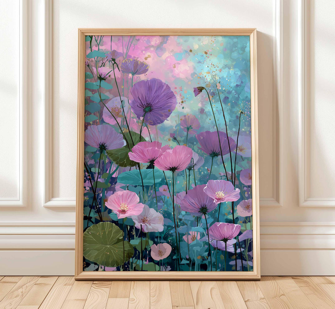 Modern Abstract Purple Flower Print, Purple Pink & Aqua Blue Floral Meadow, Impressionist Spring Summer Wall Art, Colourful Cottagecore Gift