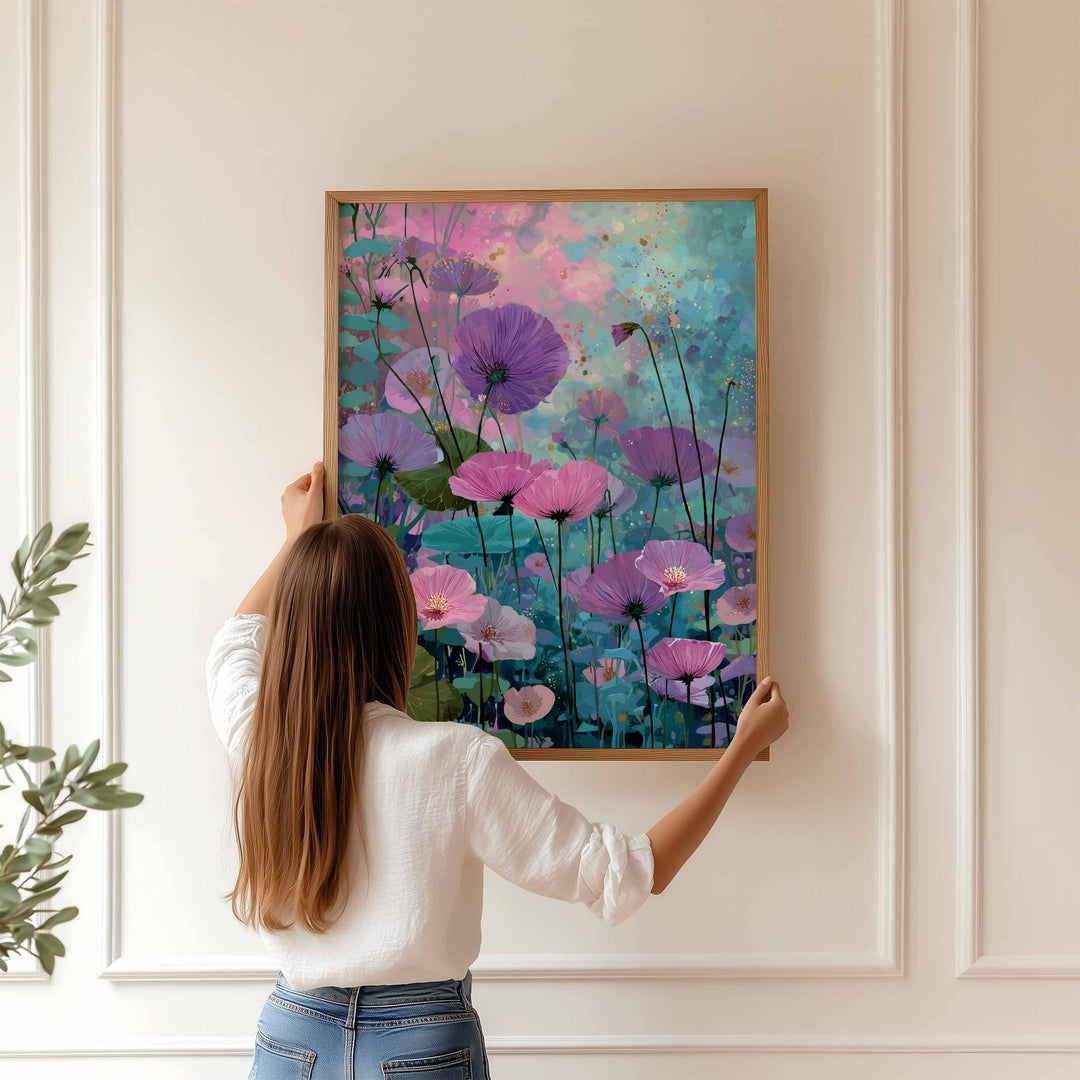 Modern Abstract Purple Flower Print, Purple Pink & Aqua Blue Floral Meadow, Impressionist Spring Summer Wall Art, Colourful Cottagecore Gift