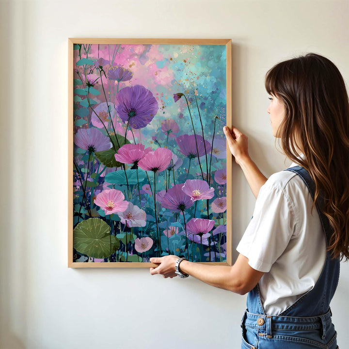 Modern Abstract Purple Flower Print, Purple Pink & Aqua Blue Floral Meadow, Impressionist Spring Summer Wall Art, Colourful Cottagecore Gift