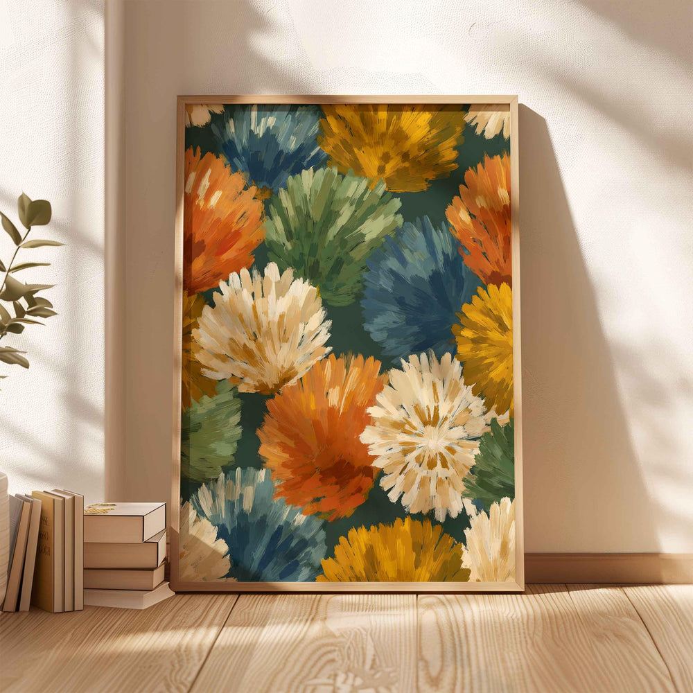 Abstract Botanical Flower Wall Art, Mid Century Retro Flower Poster, Bold Home Decor, Colourful Autumn Flowers Print, Burnt Orange Leafy Art