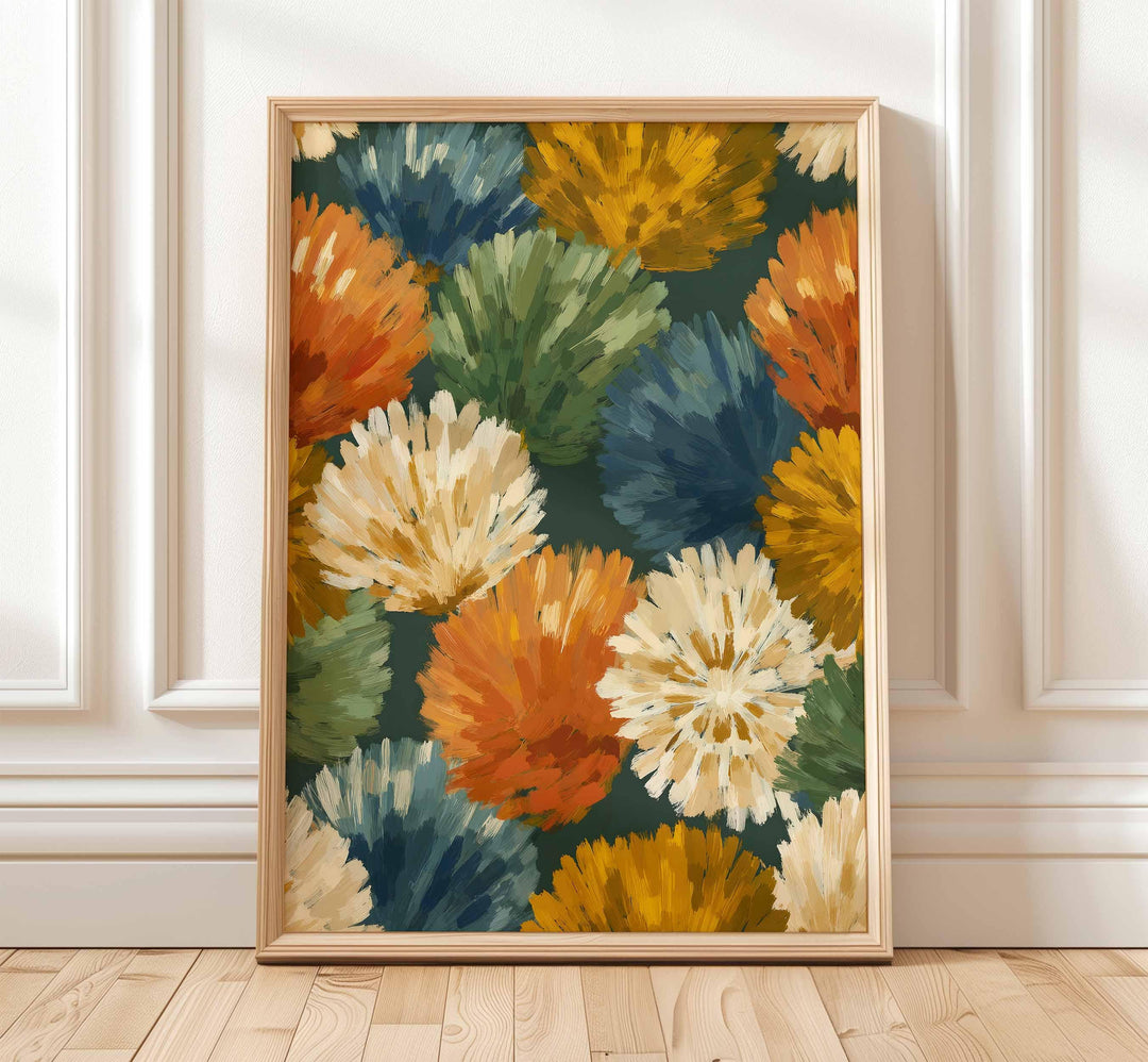 Abstract Botanical Flower Wall Art, Mid Century Retro Flower Poster, Bold Home Decor, Colourful Autumn Flowers Print, Burnt Orange Leafy Art