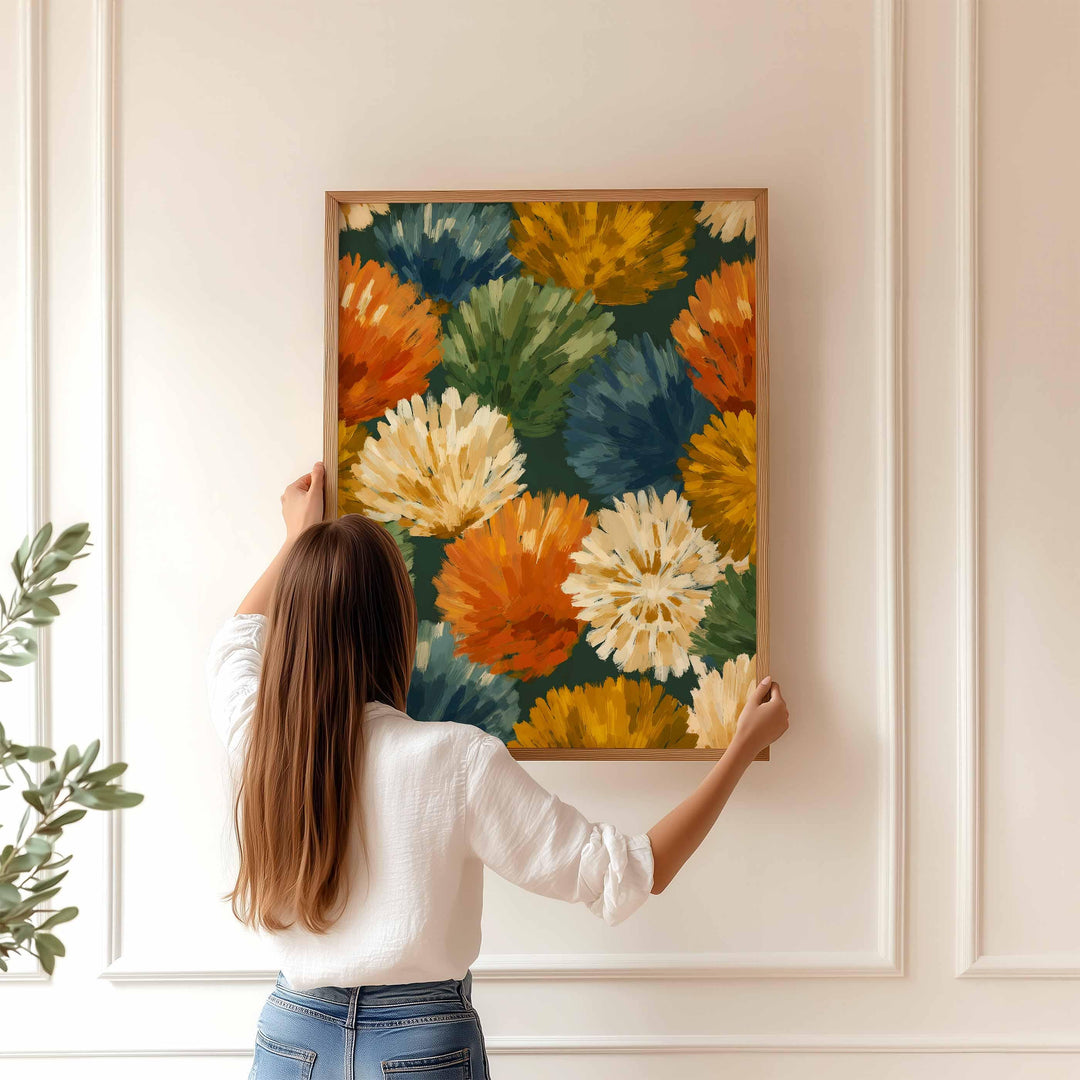 Abstract Botanical Flower Wall Art, Mid Century Retro Flower Poster, Bold Home Decor, Colourful Autumn Flowers Print, Burnt Orange Leafy Art