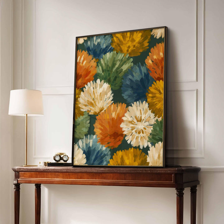 Abstract Botanical Flower Wall Art, Mid Century Retro Flower Poster, Bold Home Decor, Colourful Autumn Flowers Print, Burnt Orange Leafy Art