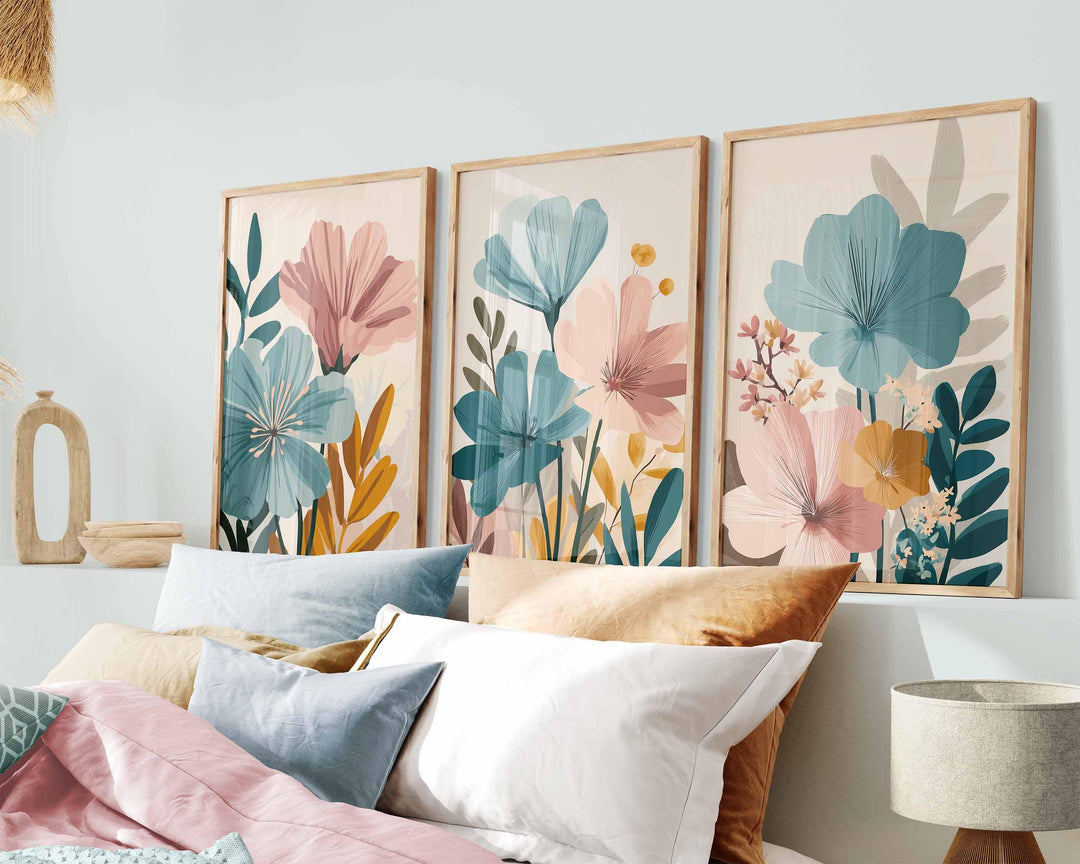 Modern Flower Market Prints Set of 3, Abstract Floral Wall Art, Pink Blue Beige Rust, Contemporary Scandinavian Boho Botanical Wall Decor