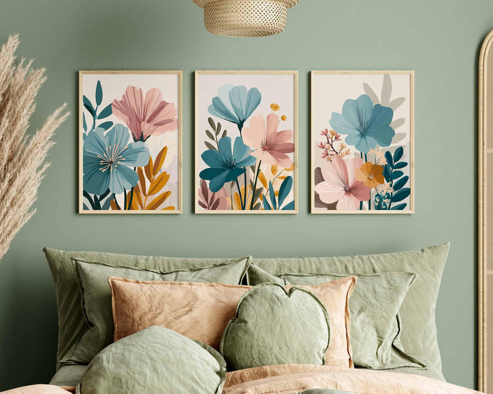 Modern Flower Market Prints Set of 3, Abstract Floral Wall Art, Pink Blue Beige Rust, Contemporary Scandinavian Boho Botanical Wall Decor