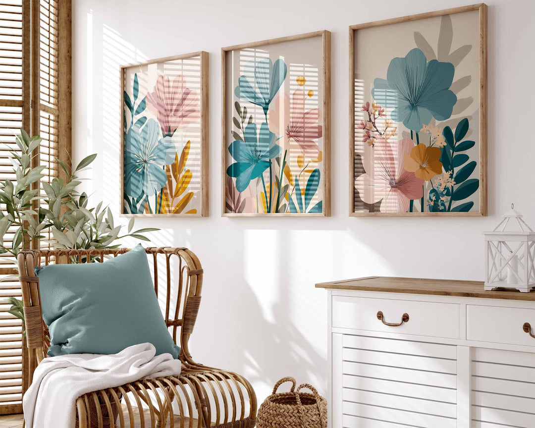 Modern Flower Market Prints Set of 3, Abstract Floral Wall Art, Pink Blue Beige Rust, Contemporary Scandinavian Boho Botanical Wall Decor