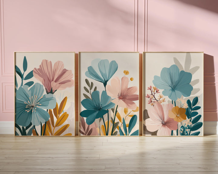 Modern Flower Market Prints Set of 3, Abstract Floral Wall Art, Pink Blue Beige Rust, Contemporary Scandinavian Boho Botanical Wall Decor