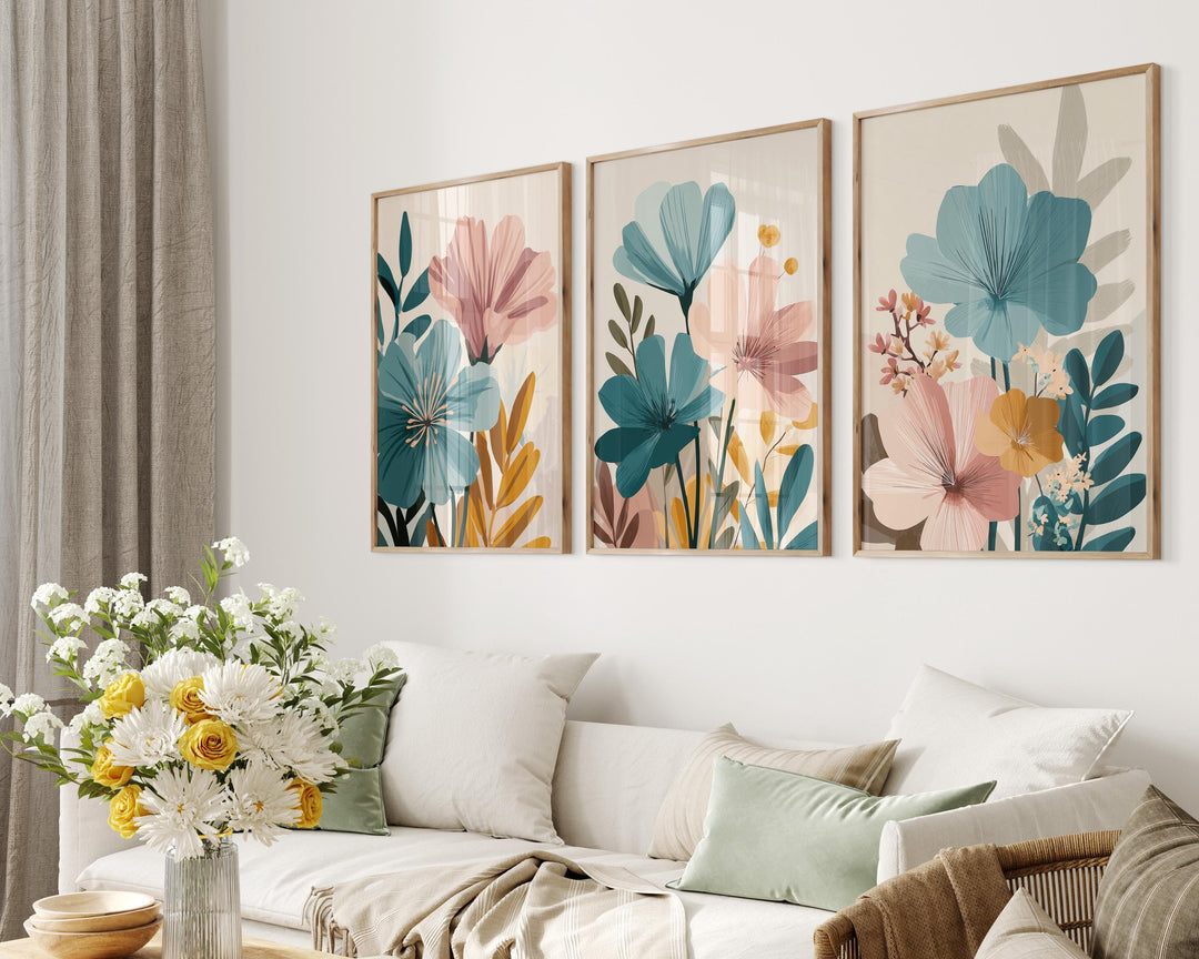 Modern Flower Market Prints Set of 3, Abstract Floral Wall Art, Pink Blue Beige Rust, Contemporary Scandinavian Boho Botanical Wall Decor