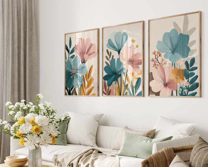 Modern Flower Market Prints Set of 3, Abstract Floral Wall Art, Pink Blue Beige Rust, Contemporary Scandinavian Boho Botanical Wall Decor