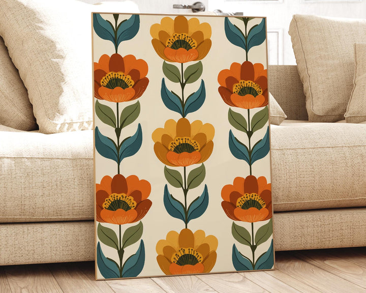 Scandinavian Folk Art Flower Print, Modern Nordic Abstract Floral Wall Art, Burnt Orange Autumn Flowers, Scandi Living Room Home Decor