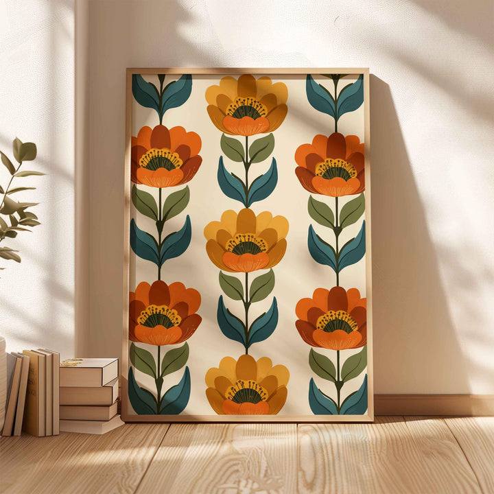 Scandinavian Folk Art Flower Print, Modern Nordic Abstract Floral Wall Art, Burnt Orange Autumn Flowers, Scandi Living Room Home Decor