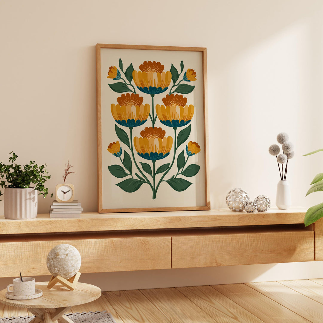 Scandinavian Folk Art Flower Print, Modern Nordic Abstract Floral Wall Art, Burnt Orange Yellow Flowers, Bold Scandi Living Room Home Decor