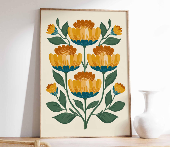 Scandinavian Folk Art Flower Print, Modern Nordic Abstract Floral Wall Art, Burnt Orange Yellow Flowers, Bold Scandi Living Room Home Decor