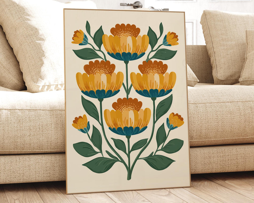 Scandinavian Folk Art Flower Print, Modern Nordic Abstract Floral Wall Art, Burnt Orange Yellow Flowers, Bold Scandi Living Room Home Decor