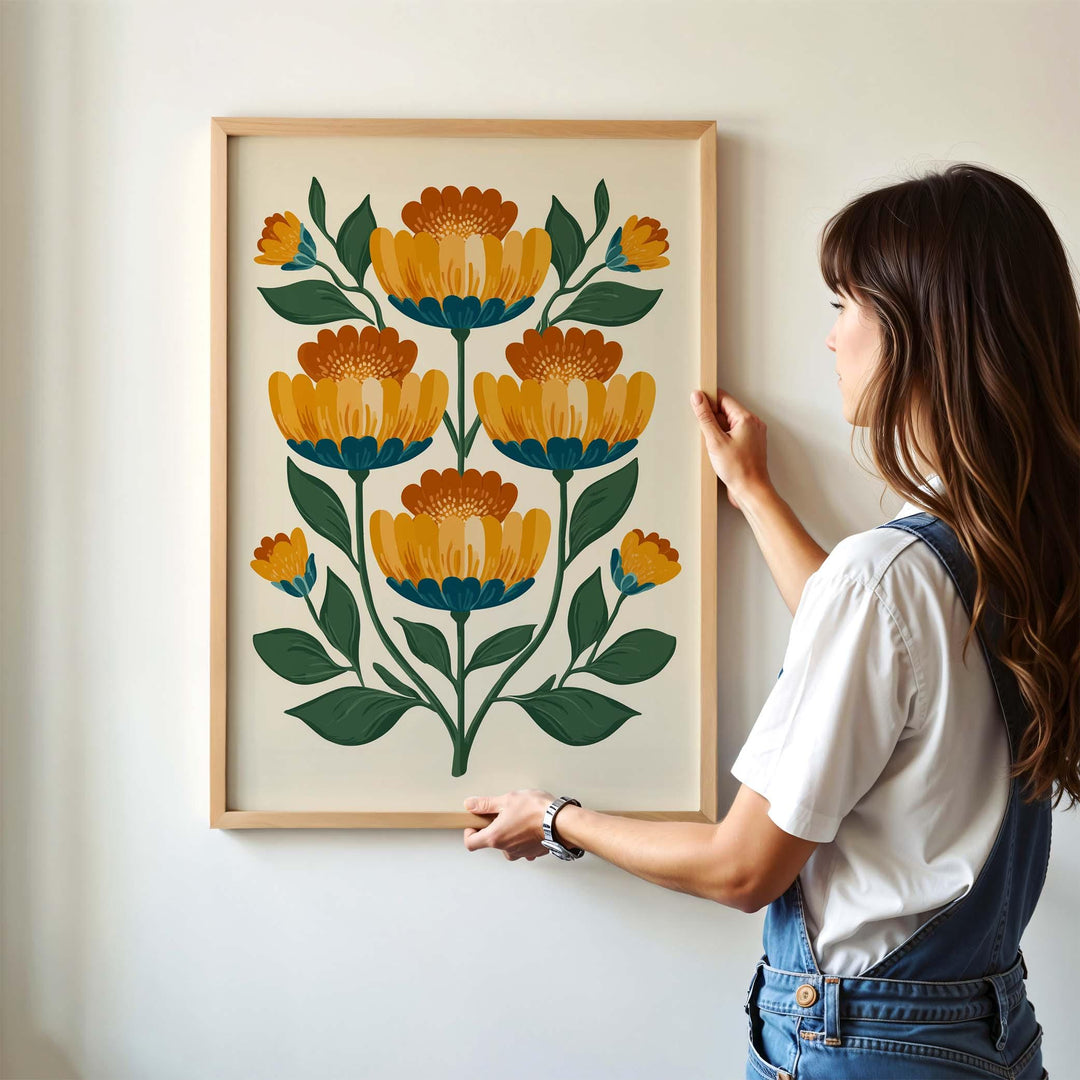Scandinavian Folk Art Flower Print, Modern Nordic Abstract Floral Wall Art, Burnt Orange Yellow Flowers, Bold Scandi Living Room Home Decor
