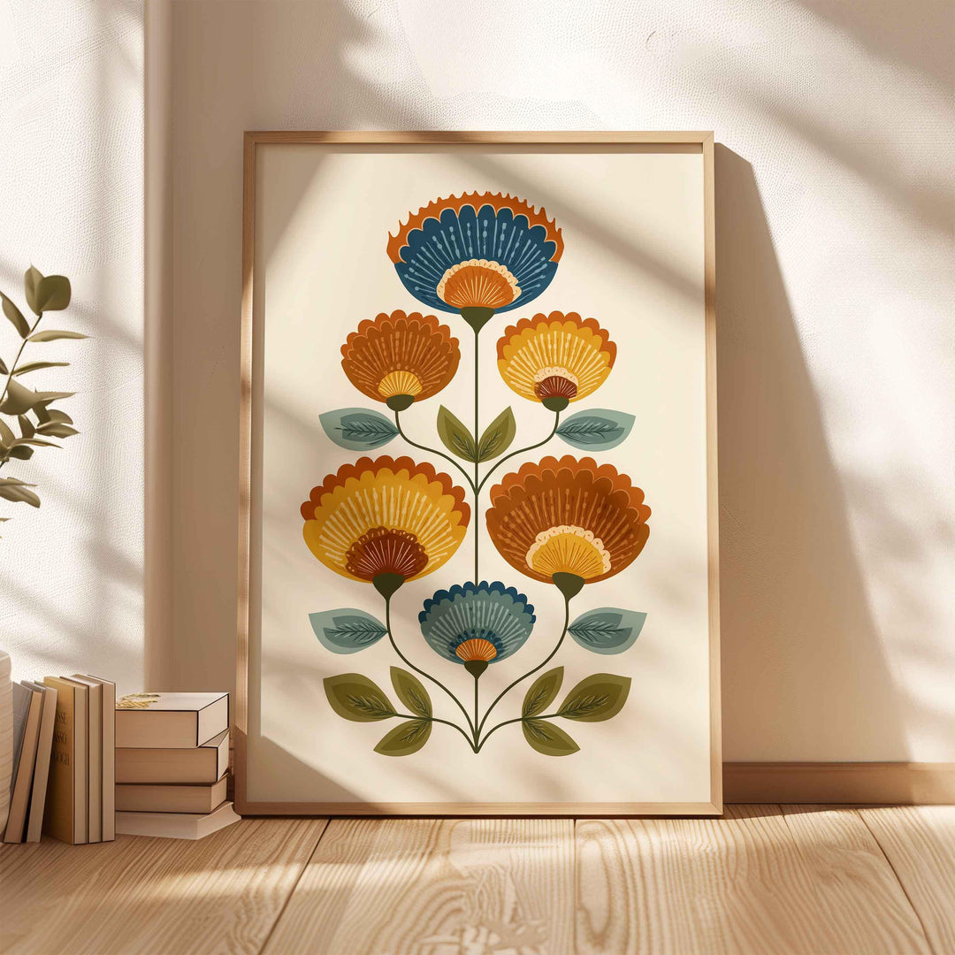 Scandinavian Folk Art Flower Print, Modern Nordic Abstract Floral Wall Art, Burnt Orange Yellow Flowers, Bold Scandi Living Room Home Decor