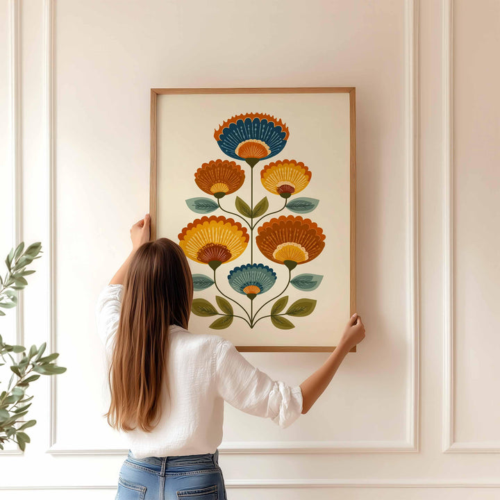 Scandinavian Folk Art Flower Print, Modern Nordic Abstract Floral Wall Art, Burnt Orange Yellow Flowers, Bold Scandi Living Room Home Decor