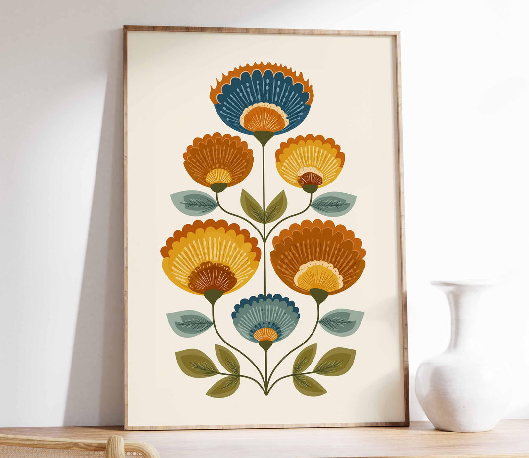 Scandinavian Folk Art Flower Print, Modern Nordic Abstract Floral Wall Art, Burnt Orange Yellow Flowers, Bold Scandi Living Room Home Decor