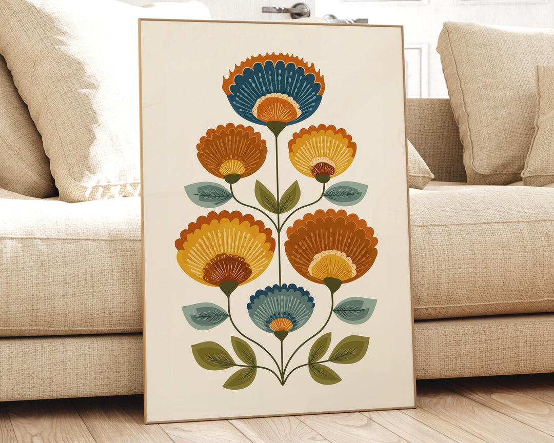 Scandinavian Folk Art Flower Print, Modern Nordic Abstract Floral Wall Art, Burnt Orange Yellow Flowers, Bold Scandi Living Room Home Decor