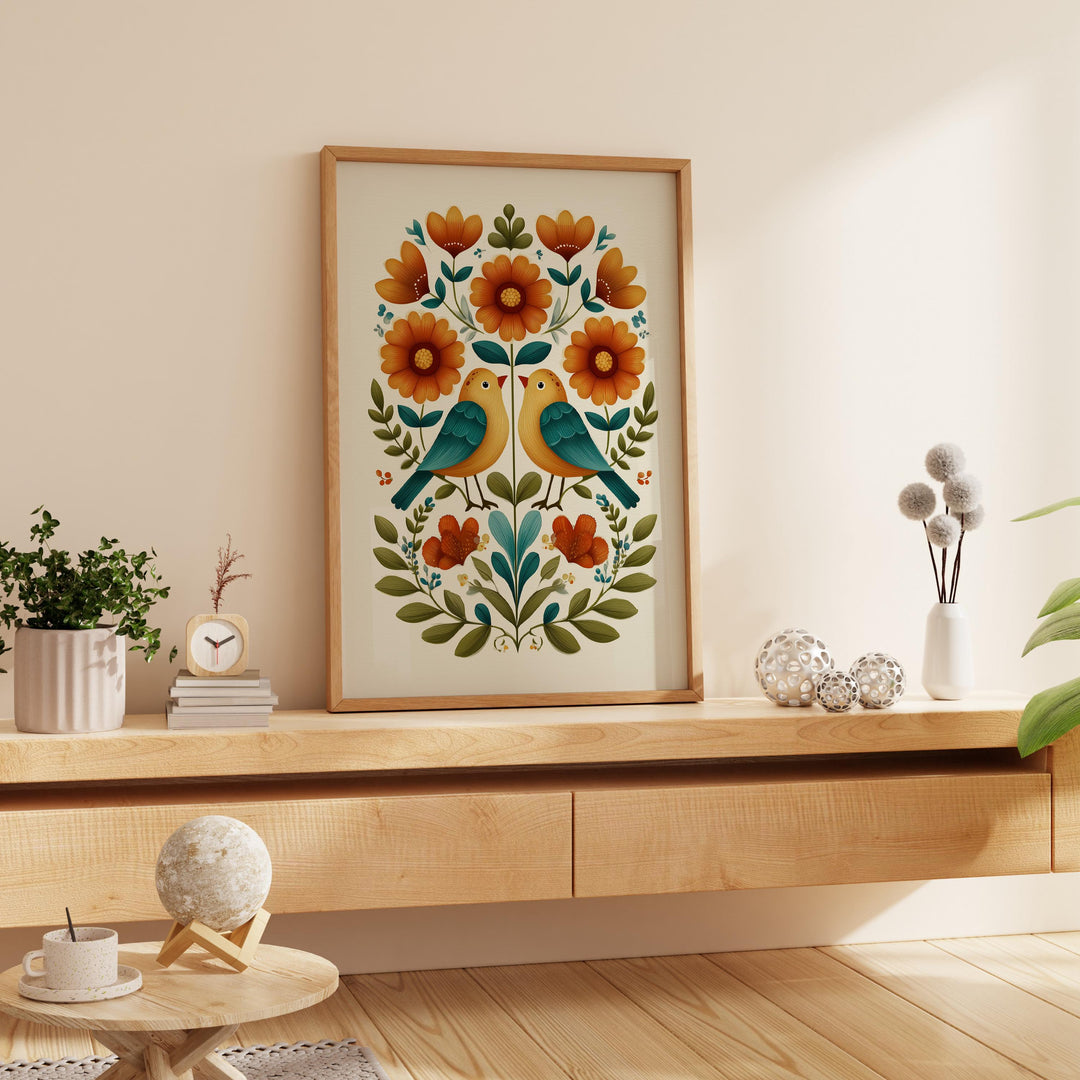 Scandinavian Folk Art Bird Print, Modern Nordic Abstract Floral Wall Art, Burnt Orange Yellow Flowers, Bold Scandi Living Room Home Decor