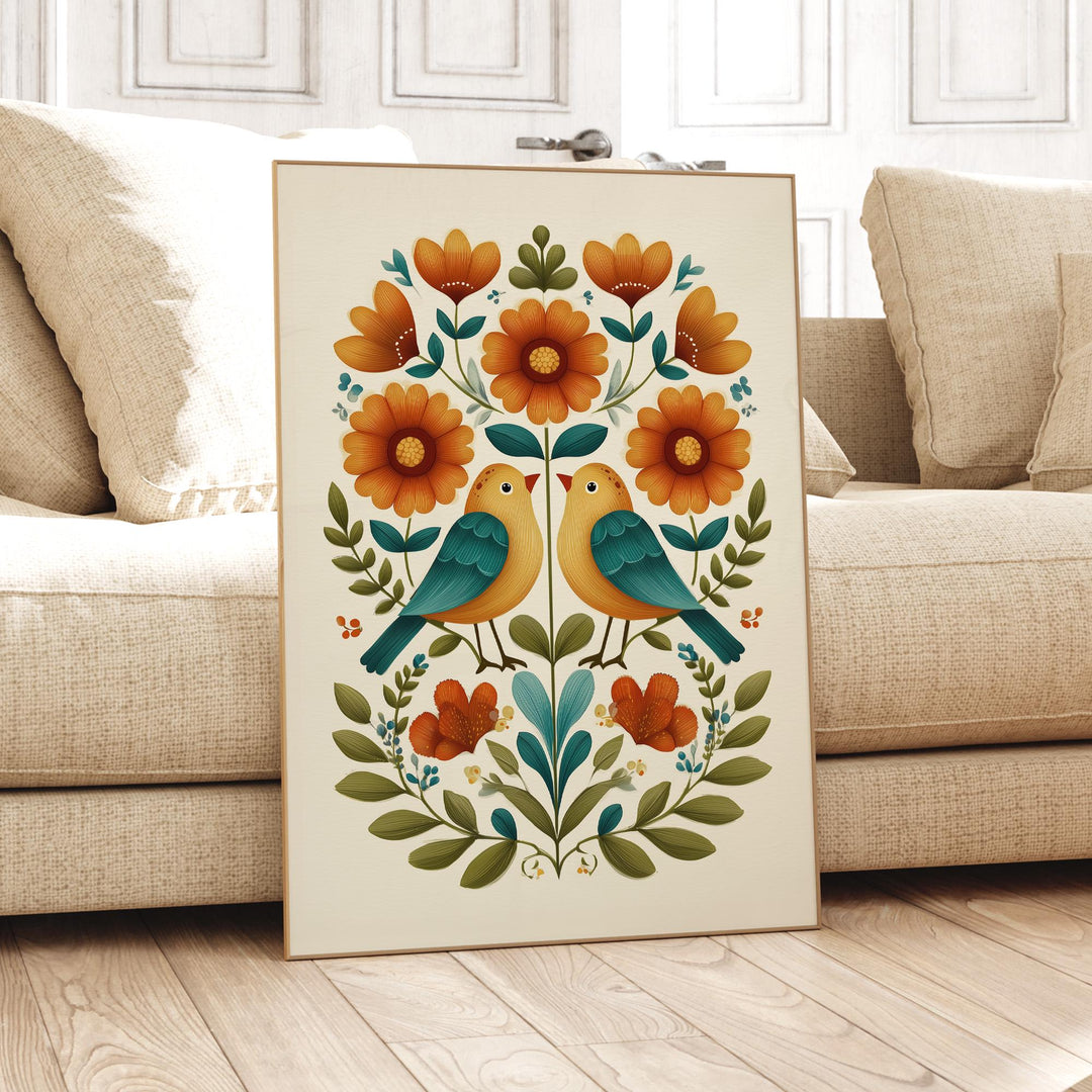 Scandinavian Folk Art Bird Print, Modern Nordic Abstract Floral Wall Art, Burnt Orange Yellow Flowers, Bold Scandi Living Room Home Decor
