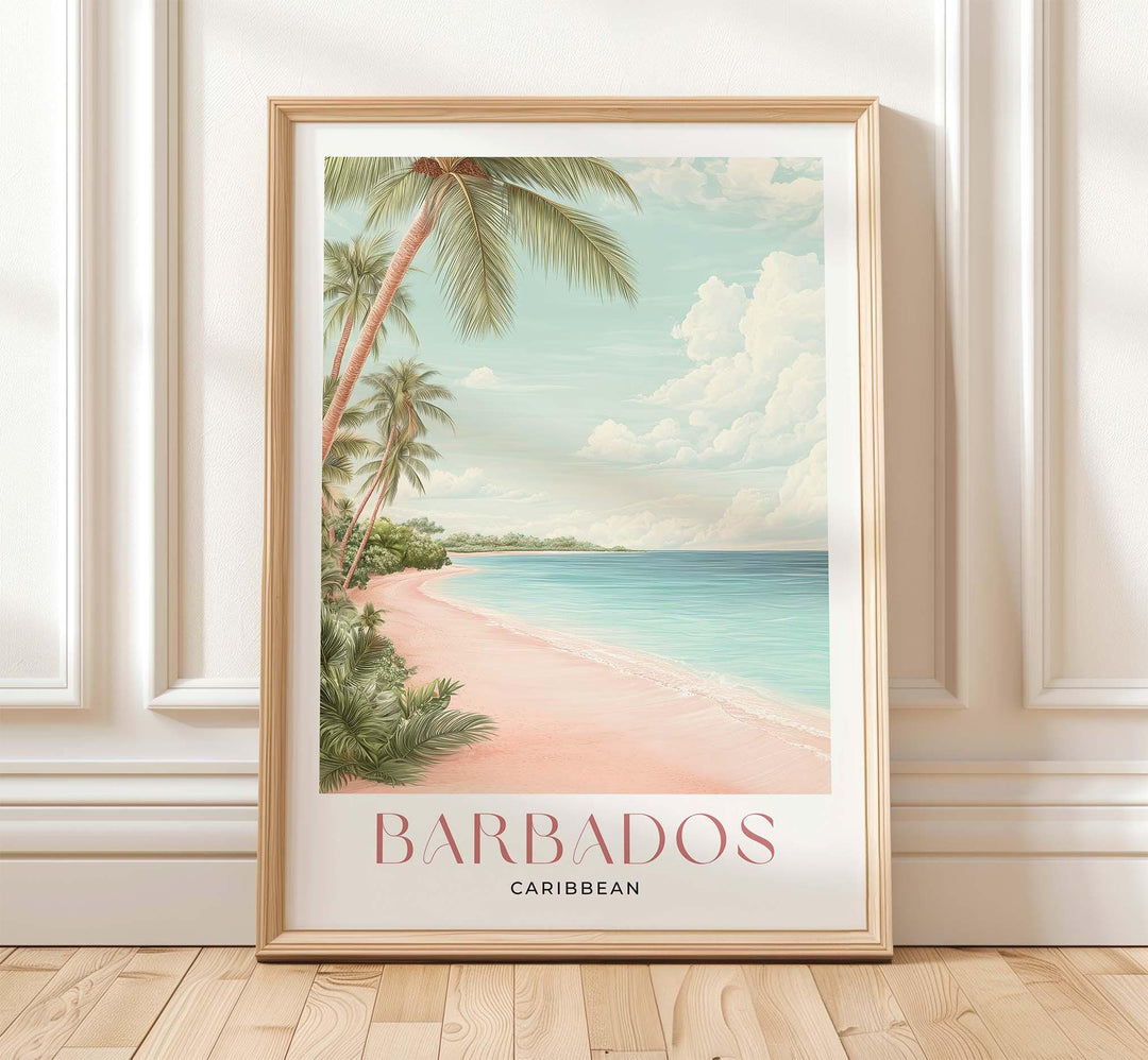 Barbados Travel Poster, Caribbean Beach Wall Art, Tropical Watercolour Print, Coastal Decor, Pink Beige Island Art, Framed Art Lovers Gift