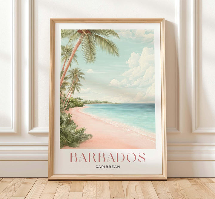 Barbados Travel Poster, Caribbean Beach Wall Art, Tropical Watercolour Print, Coastal Decor, Pink Beige Island Art, Framed Art Lovers Gift