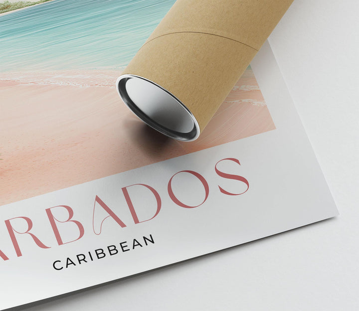 Barbados Travel Poster, Caribbean Beach Wall Art, Tropical Watercolour Print, Coastal Decor, Pink Beige Island Art, Framed Art Lovers Gift