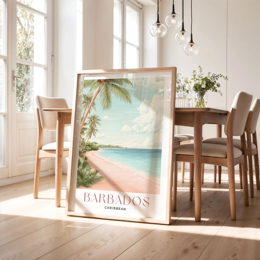 Barbados Travel Poster, Caribbean Beach Wall Art, Tropical Watercolour Print, Coastal Decor, Pink Beige Island Art, Framed Art Lovers Gift