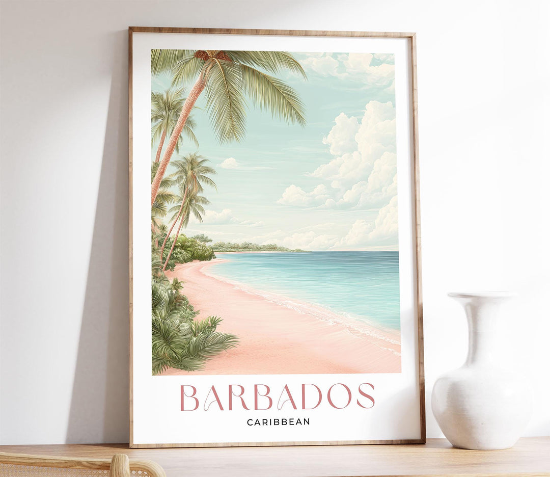 Barbados Travel Poster, Caribbean Beach Wall Art, Tropical Watercolour Print, Coastal Decor, Pink Beige Island Art, Framed Art Lovers Gift
