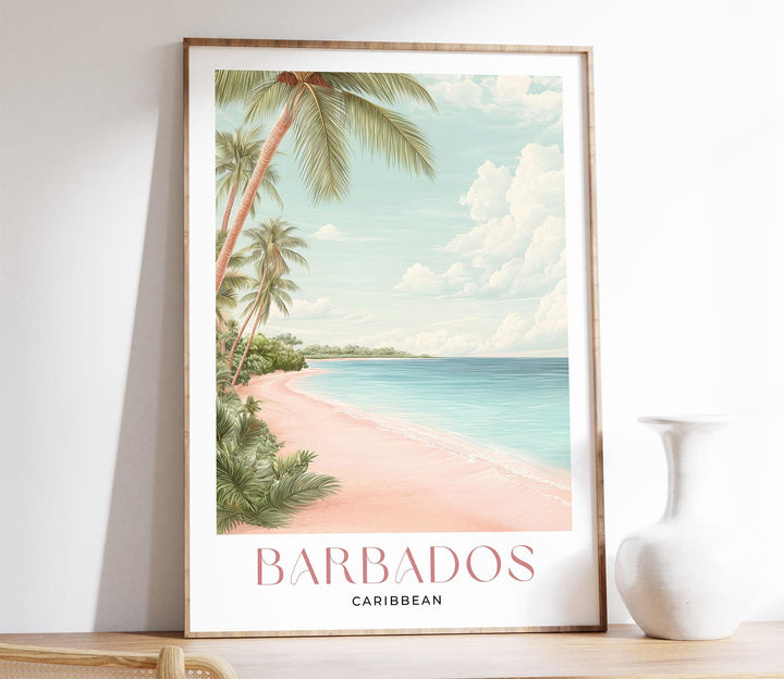 Barbados Travel Poster, Caribbean Beach Wall Art, Tropical Watercolour Print, Coastal Decor, Pink Beige Island Art, Framed Art Lovers Gift