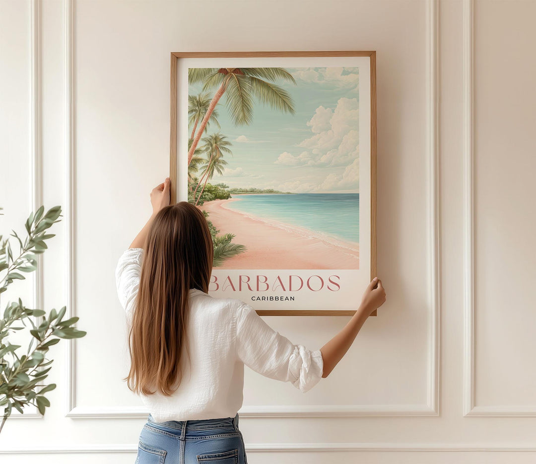 Barbados Travel Poster, Caribbean Beach Wall Art, Tropical Watercolour Print, Coastal Decor, Pink Beige Island Art, Framed Art Lovers Gift