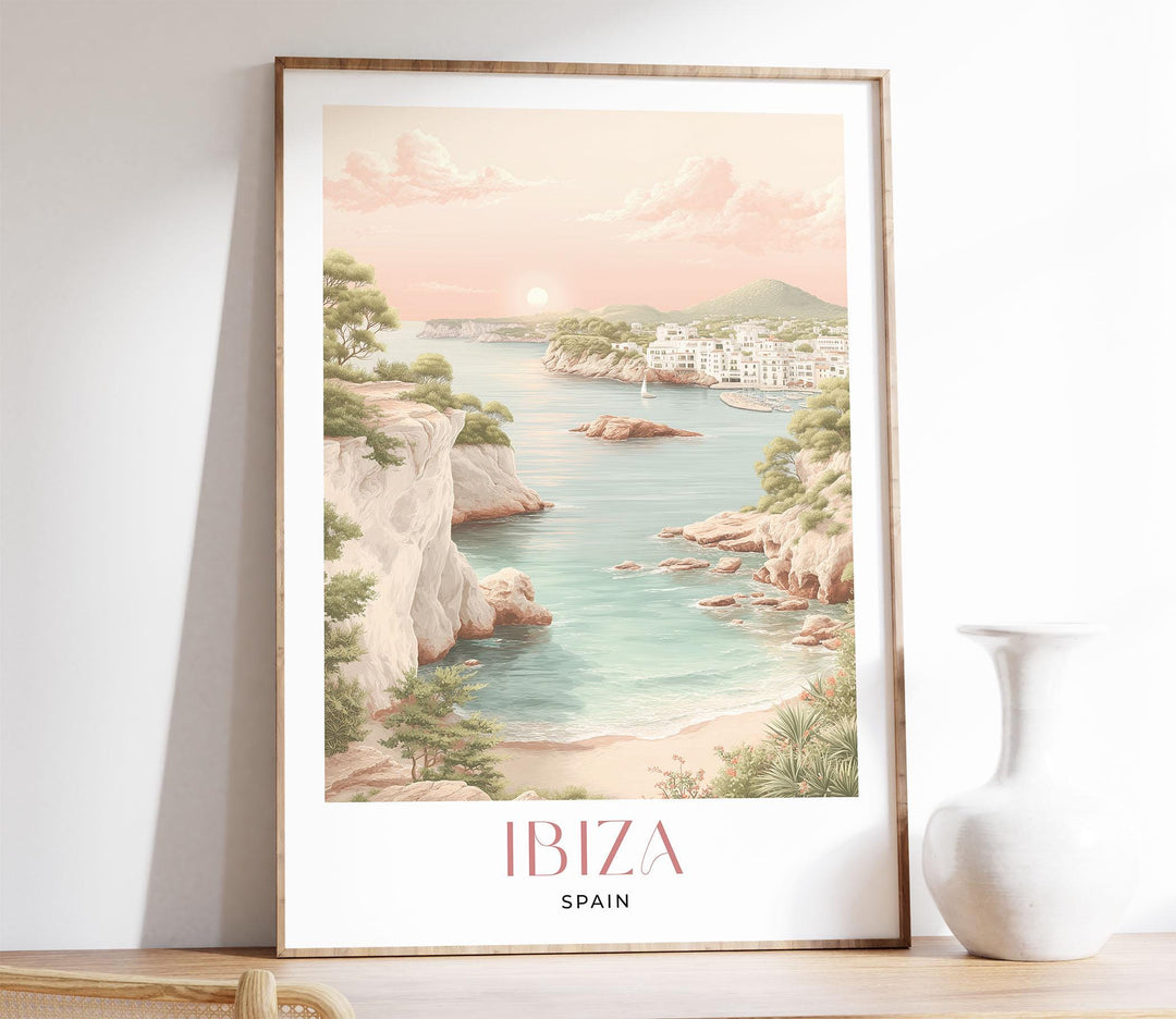 Ibiza Spain Travel Art Print, Mediterranean Coastal Watercolour Wall Art, Balearic Islands Neutral Home Decor, Art Lovers Framed Poster Gift