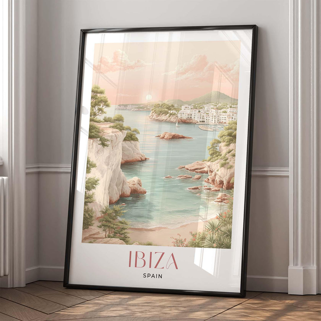 Ibiza Spain Travel Art Print, Mediterranean Coastal Watercolour Wall Art, Balearic Islands Neutral Home Decor, Art Lovers Framed Poster Gift
