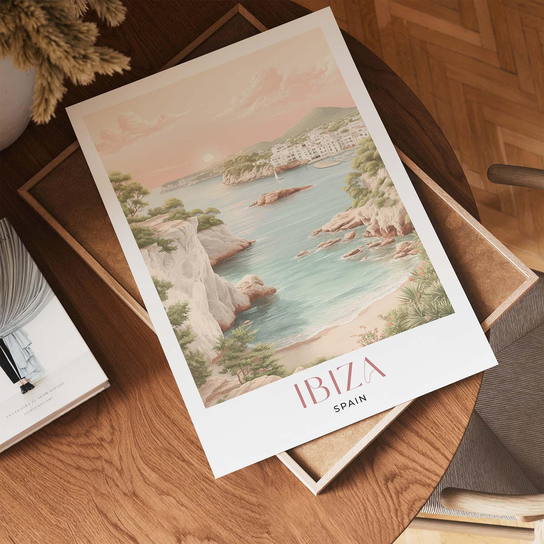Ibiza Spain Travel Art Print, Mediterranean Coastal Watercolour Wall Art, Balearic Islands Neutral Home Decor, Art Lovers Framed Poster Gift
