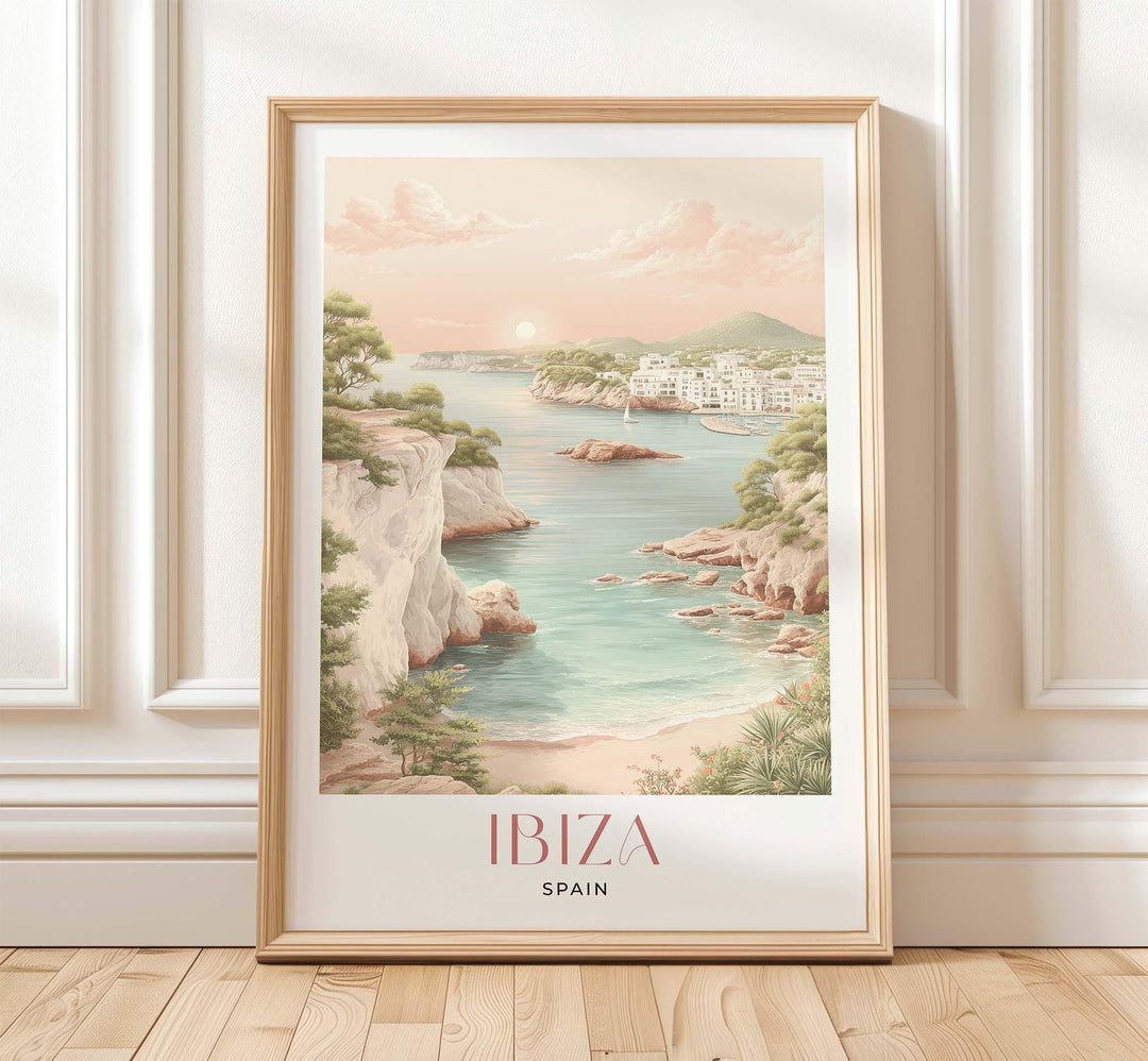 Ibiza Spain Travel Art Print, Mediterranean Coastal Watercolour Wall Art, Balearic Islands Neutral Home Decor, Art Lovers Framed Poster Gift