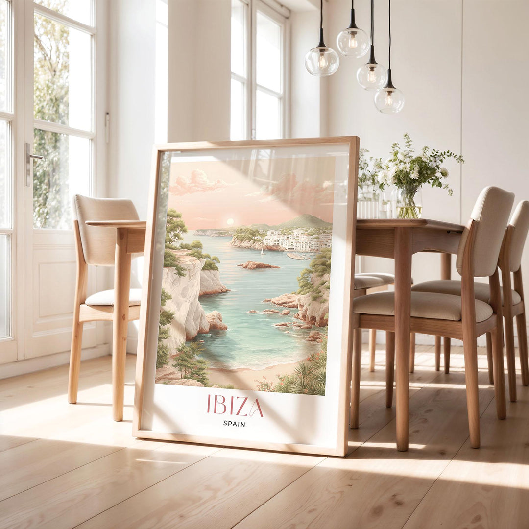 Ibiza Spain Travel Art Print, Mediterranean Coastal Watercolour Wall Art, Balearic Islands Neutral Home Decor, Art Lovers Framed Poster Gift