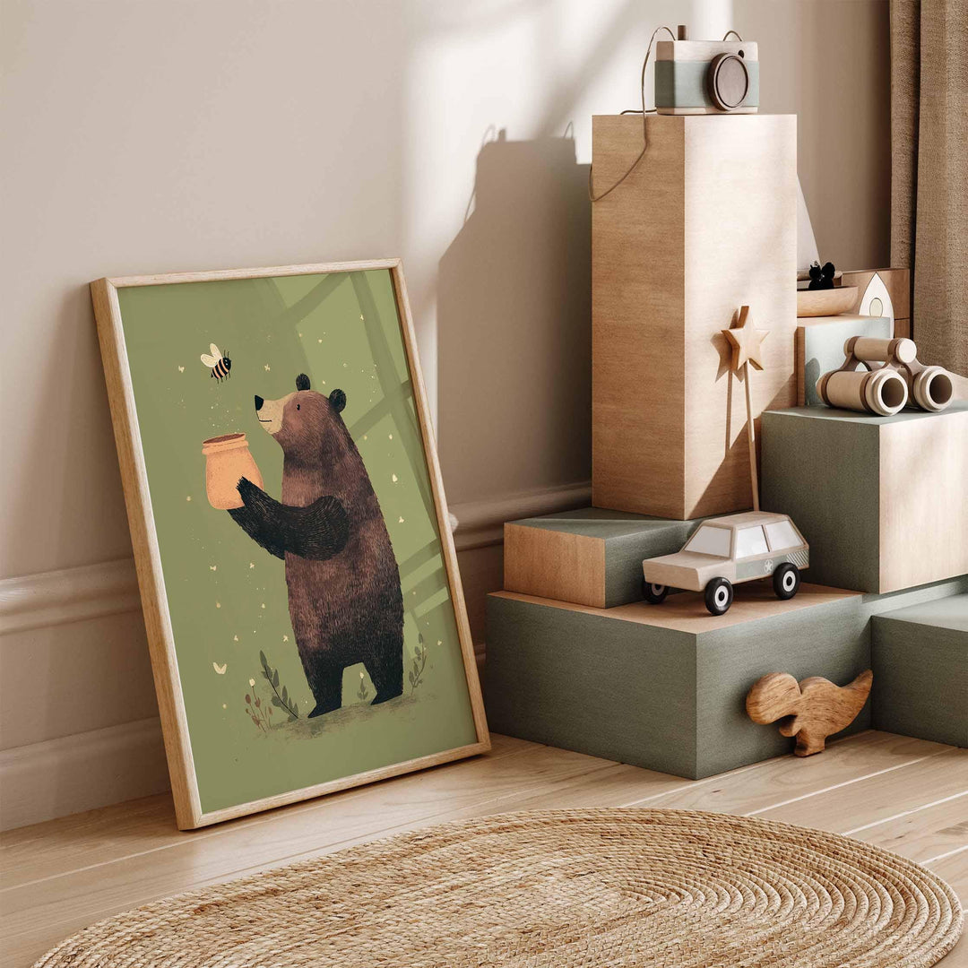 Cute Bear Nursery Art Print, Woodland Animal Wall Art, Whimsical Brown Bear with Honey Pot, Olive Green Kids Room Decor