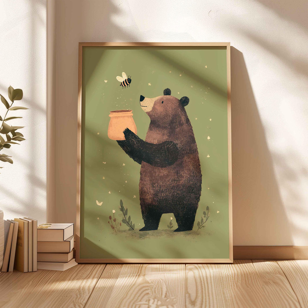 Cute Bear Nursery Art Print, Woodland Animal Wall Art, Whimsical Brown Bear with Honey Pot, Olive Green Kids Room Decor