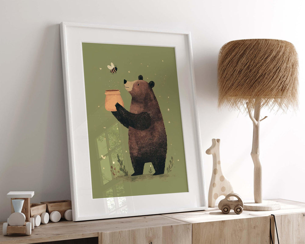 Cute Bear Nursery Art Print, Woodland Animal Wall Art, Whimsical Brown Bear with Honey Pot, Olive Green Kids Room Decor