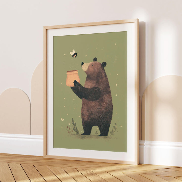 Cute Bear Nursery Art Print, Woodland Animal Wall Art, Whimsical Brown Bear with Honey Pot, Olive Green Kids Room Decor