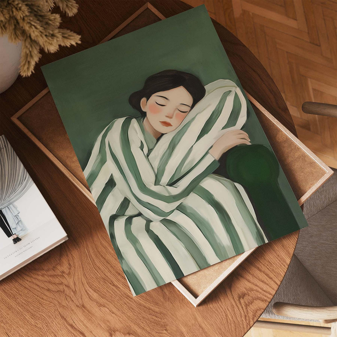 Emerald Green Modern Figurative Art Print, Abstract Stripe Reclining Woman, Contemporary Painterly Illustration, Minimalist Wall Art