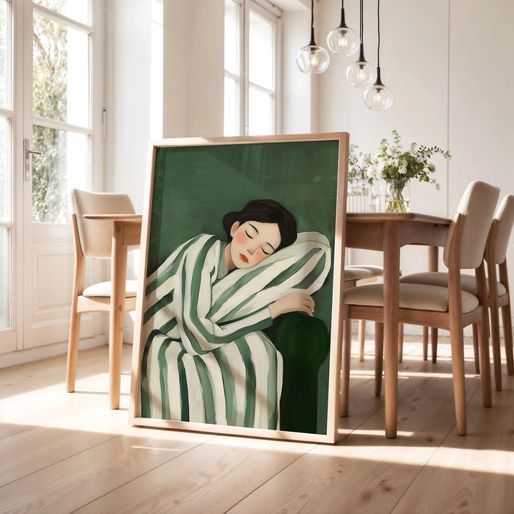 Emerald Green Modern Figurative Art Print, Abstract Stripe Reclining Woman, Contemporary Painterly Illustration, Minimalist Wall Art