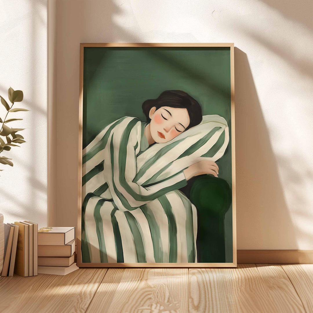 Emerald Green Modern Figurative Art Print, Abstract Stripe Reclining Woman, Contemporary Painterly Illustration, Minimalist Wall Art