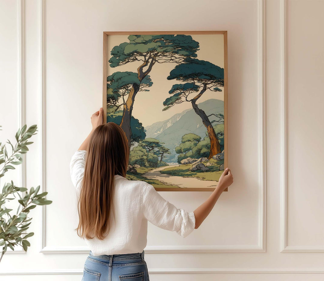 A calming mountain forest scene designed to slow the mind and add quiet beauty to your everyday space