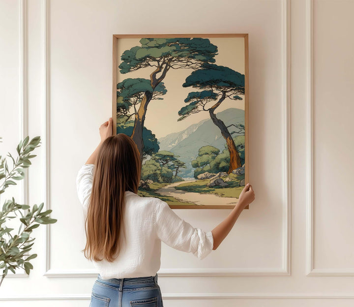 A calming mountain forest scene designed to slow the mind and add quiet beauty to your everyday space