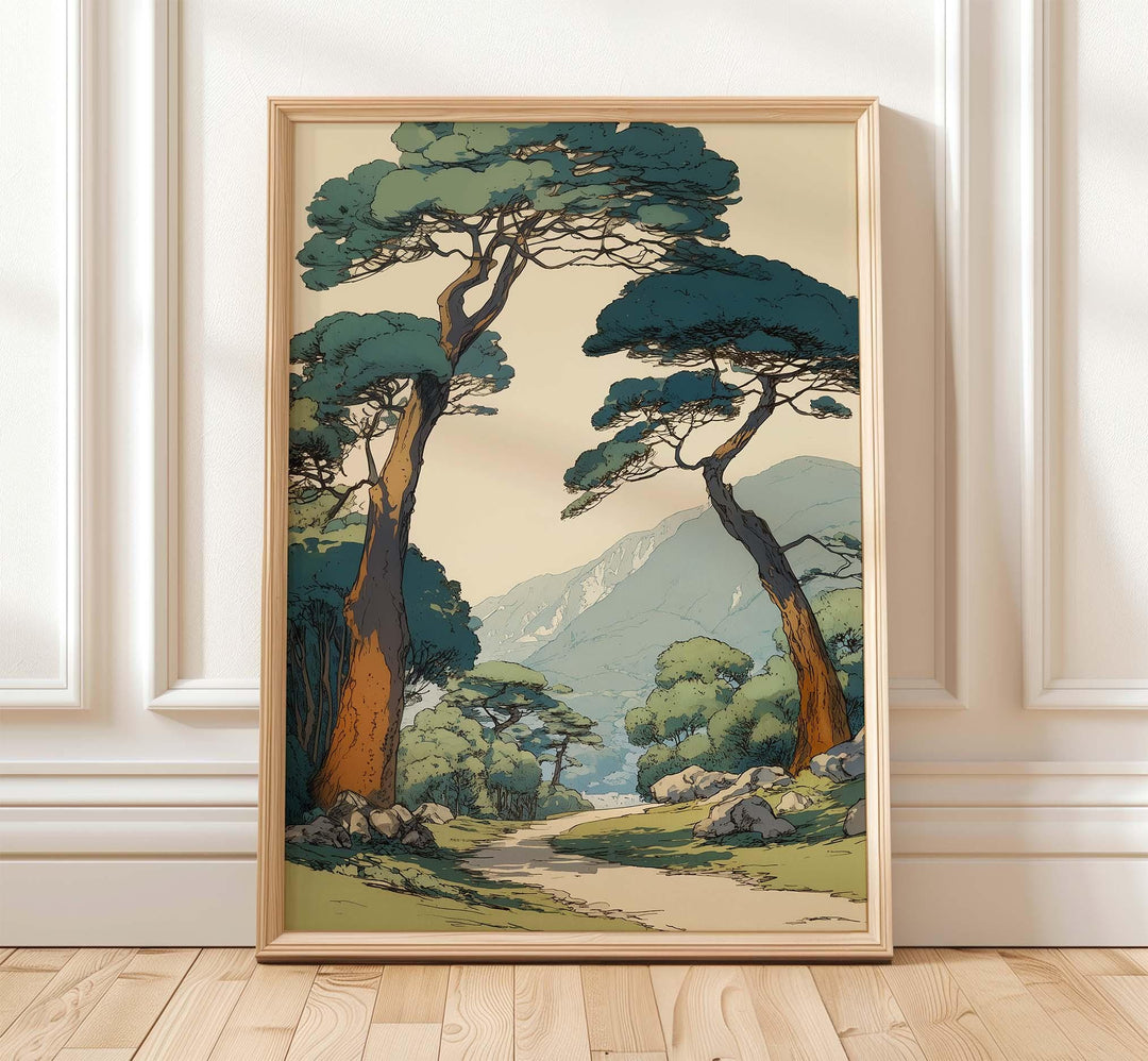 Vintage Japanese Forest Print | Tranquil Mountain Landscape Wall Art | Minimalist Tree Scene | Retro Nature Art | Serene Home Decor